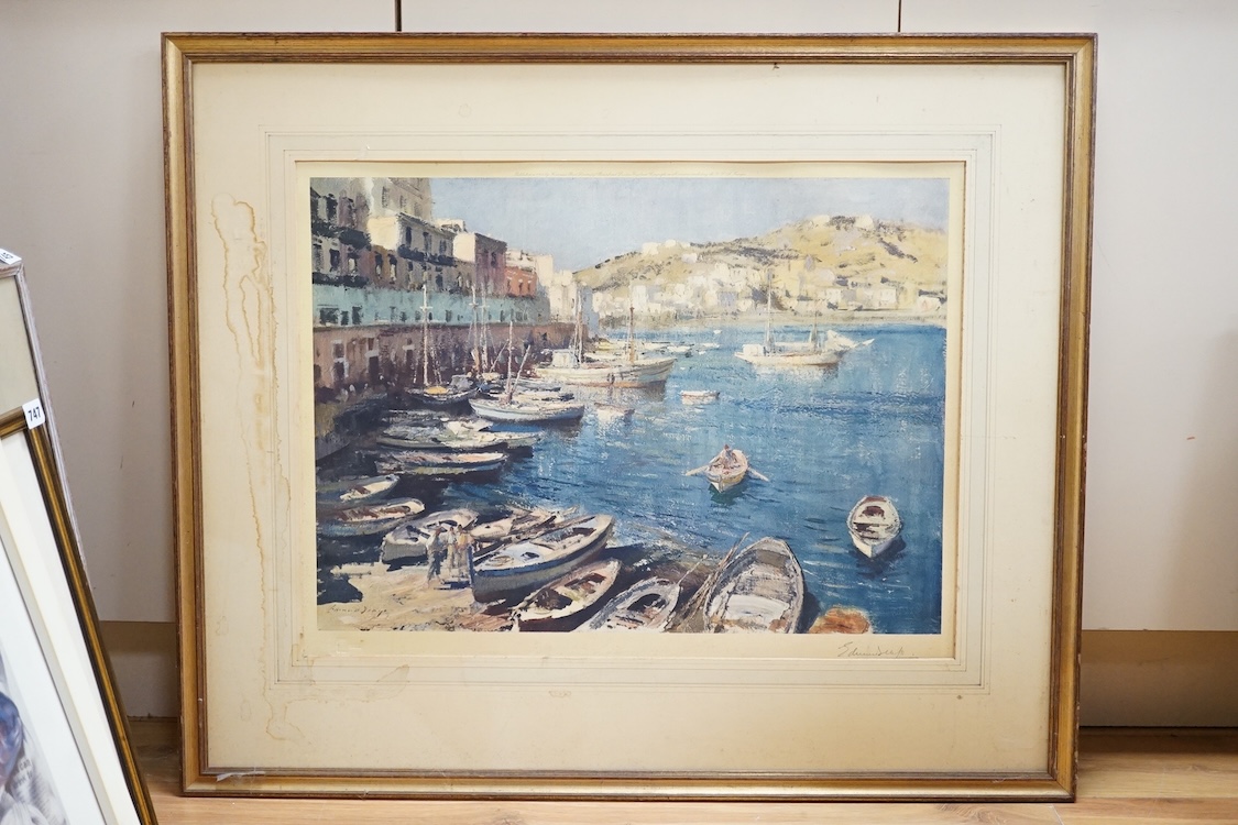 Edward Seago RBA, ARWS, RWS (1910-1974), Continental harbour view, signed in pencil together with Alfred Munnings, colour print 'October Meeting', signed in pencil, largest 49 x 66cm. Condition - poor to fair